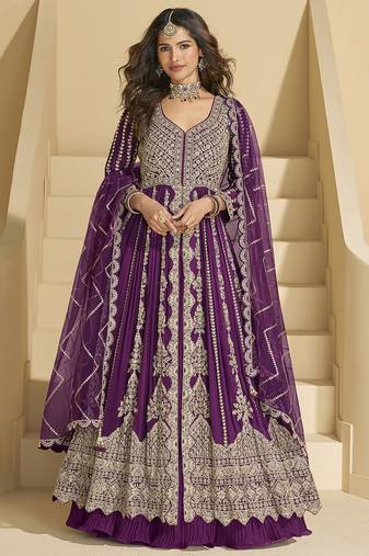 Wine embroidery codding sequence work with chinon silk anarkali suit