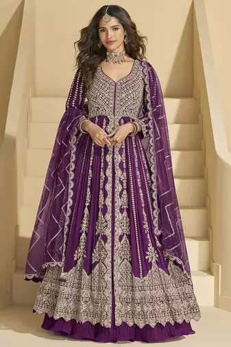 Wine embroidery codding sequence work with chinon silk anarkali suit