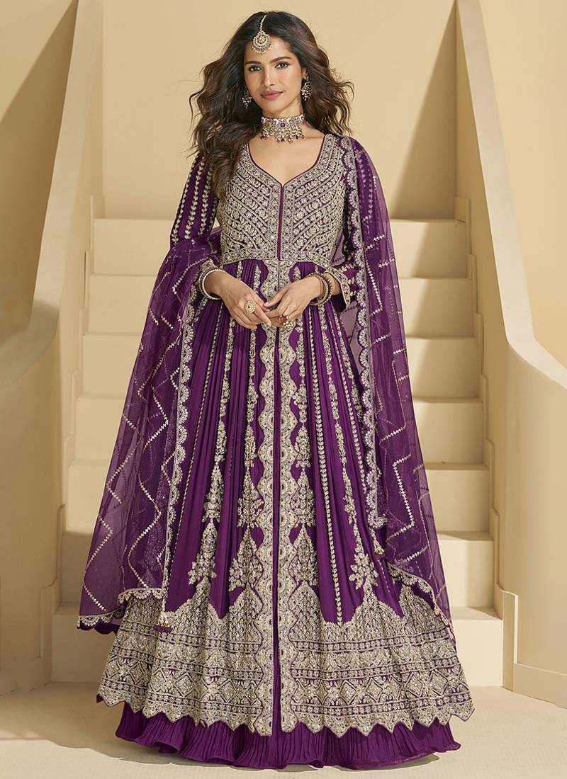 Wine embroidery codding sequence work with chinon silk anarkali suit