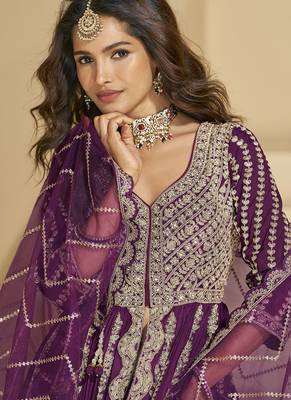 Wine embroidery codding sequence work with chinon silk anarkali suit 2
