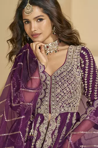 Wine embroidery codding sequence work with chinon silk anarkali suit