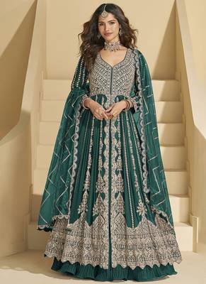 Dark teal embroidery codding sequence work with chinon silk anarkali & dupatta for women 1