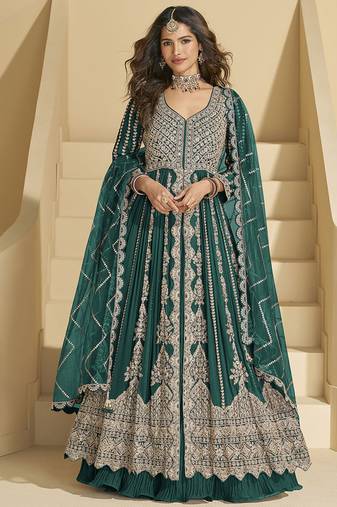 Dark teal embroidery codding sequence work with chinon silk anarkali & dupatta for women