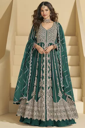 Dark teal embroidery codding sequence work with chinon silk anarkali & dupatta for women