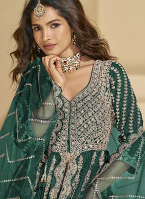 Dark teal embroidery codding sequence work with chinon silk anarkali & dupatta for women 2
