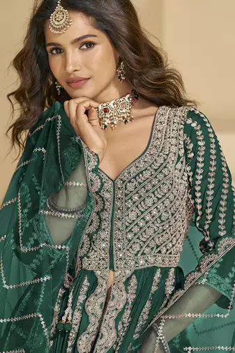 Dark teal embroidery codding sequence work with chinon silk anarkali & dupatta for women