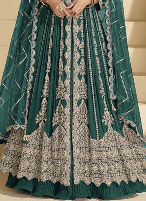 Dark teal embroidery codding sequence work with chinon silk anarkali & dupatta for women 3