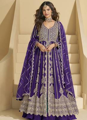 Dark purple embroidery codding sequence work with chinon silk anarkali style 1