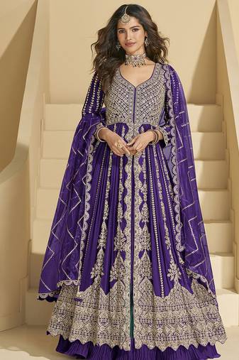 Dark purple embroidery codding sequence work with chinon silk anarkali style
