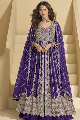 Dark purple embroidery codding sequence work with chinon silk anarkali style