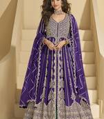 Dark purple embroidery codding sequence work with chinon silk anarkali style