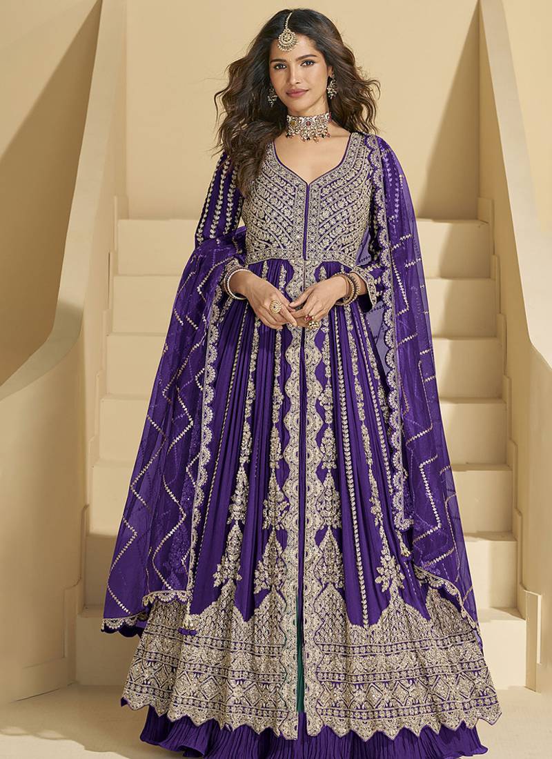 Dark purple embroidery codding sequence work with chinon silk anarkali style