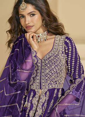 Dark purple embroidery codding sequence work with chinon silk anarkali style 2