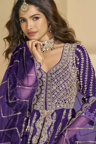 Dark purple embroidery codding sequence work with chinon silk anarkali style
