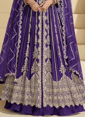 Dark purple embroidery codding sequence work with chinon silk anarkali style 3