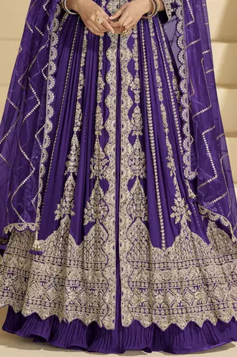 Dark purple embroidery codding sequence work with chinon silk anarkali style