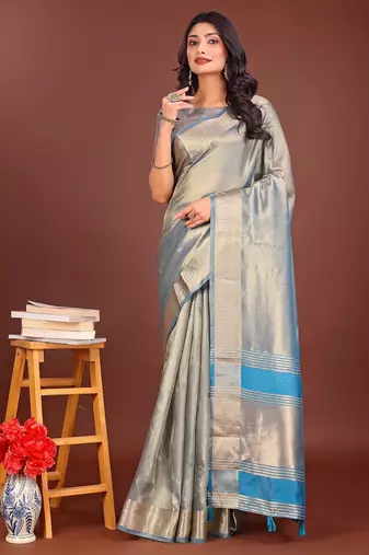 grey color zari border orgenza saree with blouse