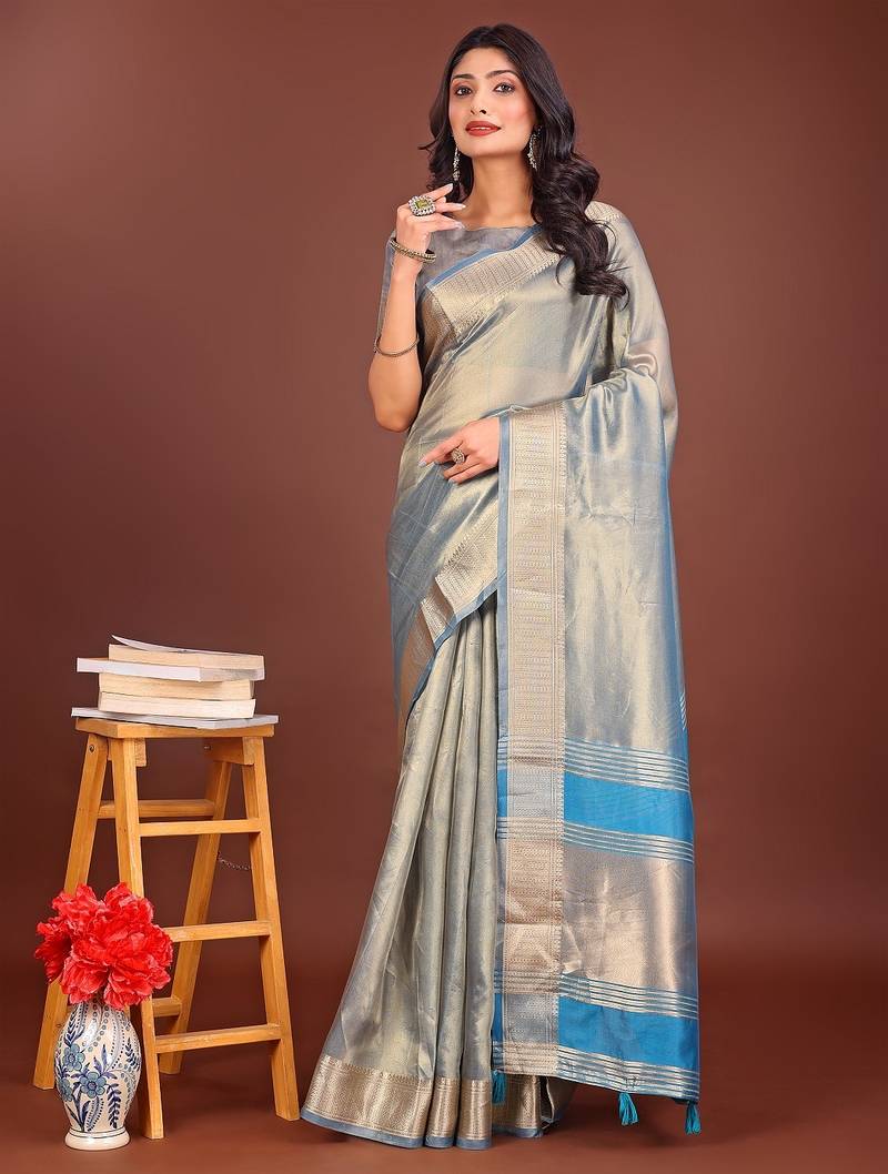 grey color zari border orgenza saree with blouse
