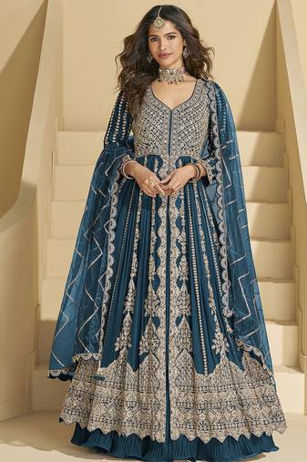 Teal blue embroidery codding sequence work with chinon silk anarkali suit