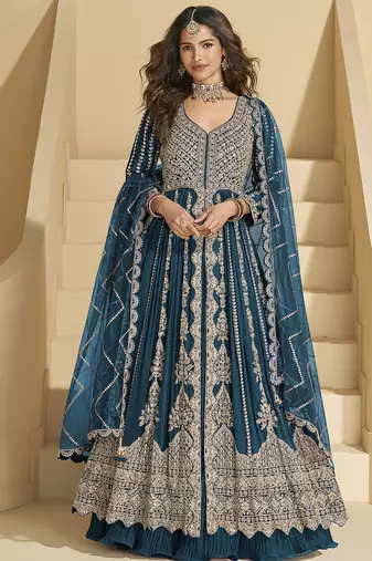 Teal blue embroidery codding sequence work with chinon silk anarkali suit