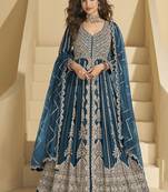 Teal blue embroidery codding sequence work with chinon silk anarkali suit