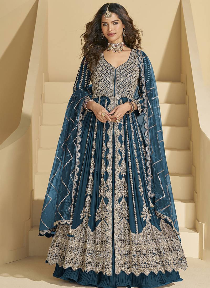 Teal blue embroidery codding sequence work with chinon silk anarkali suit