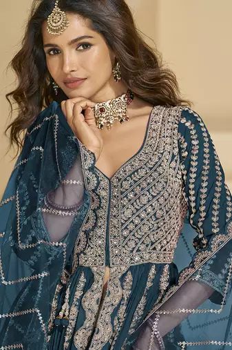 Teal blue embroidery codding sequence work with chinon silk anarkali suit