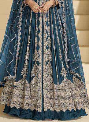 Teal blue embroidery codding sequence work with chinon silk anarkali suit 3