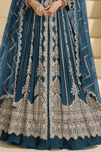 Teal blue embroidery codding sequence work with chinon silk anarkali suit