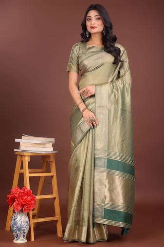 light green color zari border orgenza saree with blouse