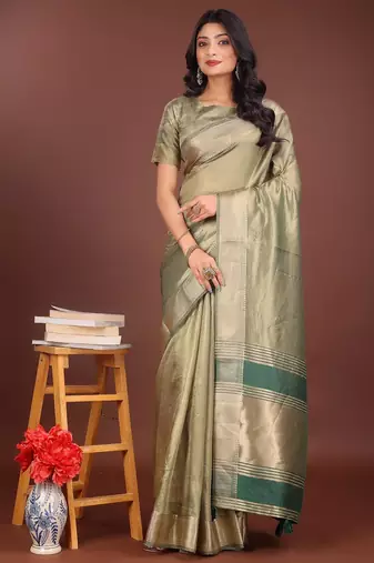 light green color zari border orgenza saree with blouse
