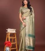 light green color zari border orgenza saree with blouse