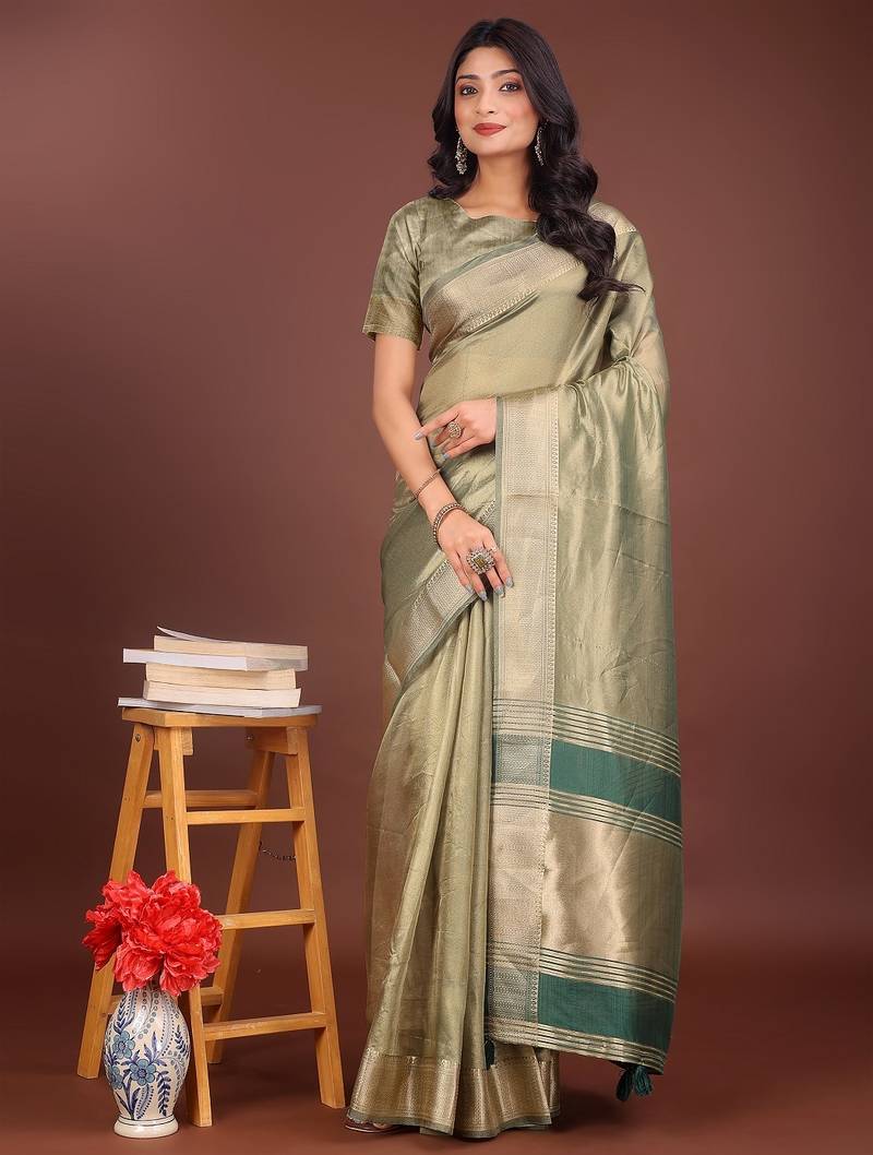 light green color zari border orgenza saree with blouse
