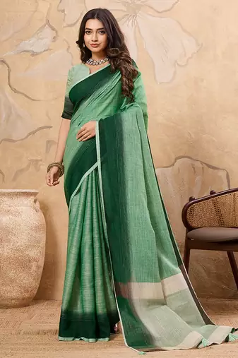pista green color solid linen cotton saree 