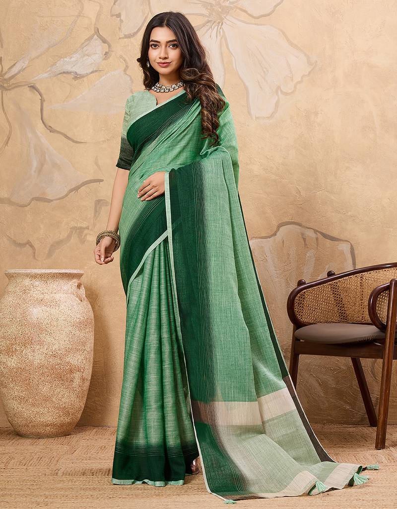 pista green color solid linen cotton saree 