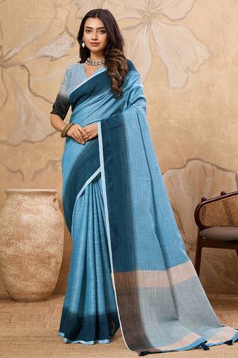 sky blue color solid linen cotton saree 