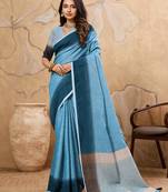 sky blue color solid linen cotton saree 