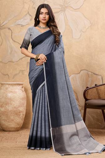 denim grey color solid linen cotton saree 