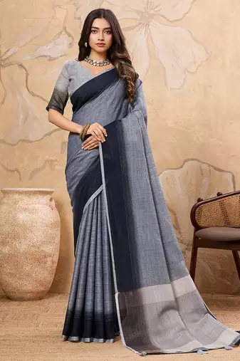 denim grey color solid linen cotton saree 