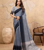 denim grey color solid linen cotton saree 