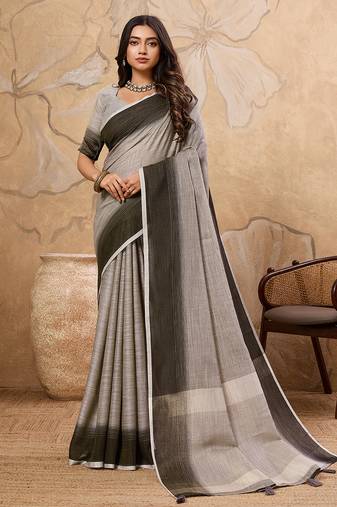 chocolate grey color solid linen cotton saree 