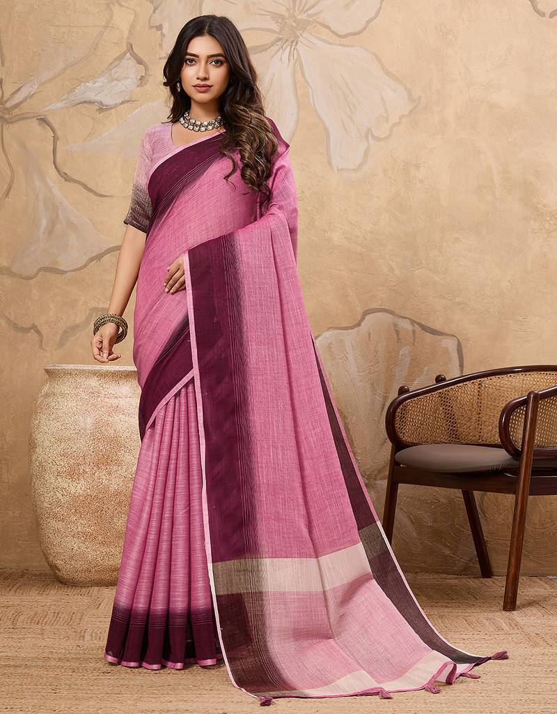 rani pink color solid linen cotton saree 