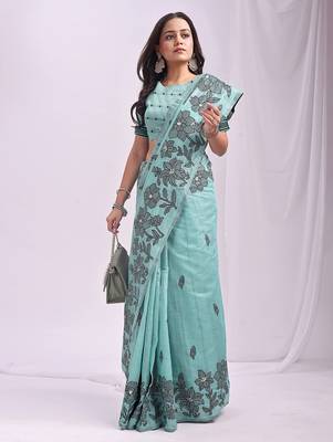 sea green embroidred linen cotton saree 1