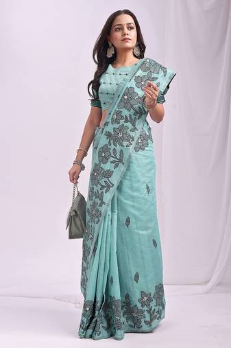 sea green color embroidred linen cotton saree