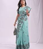 sea green color embroidred linen cotton saree
