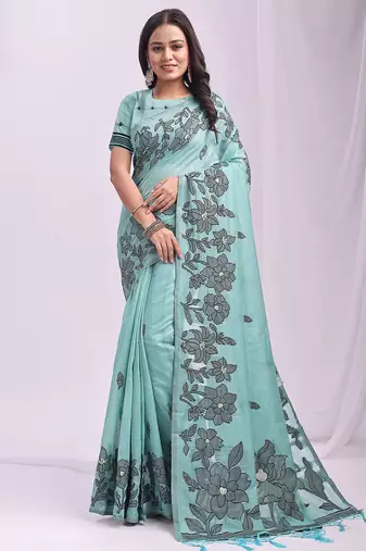 sea green color embroidred linen cotton saree