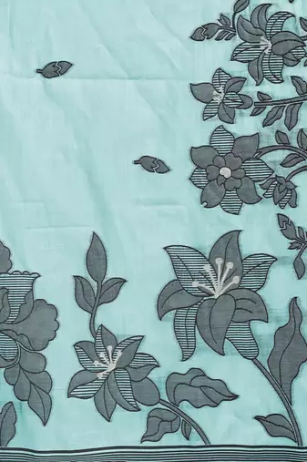 sea green color embroidred linen cotton saree
