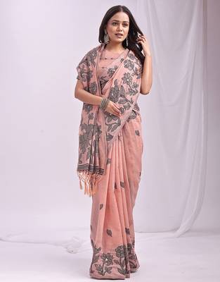 peach color embroidred linen cotton saree 1