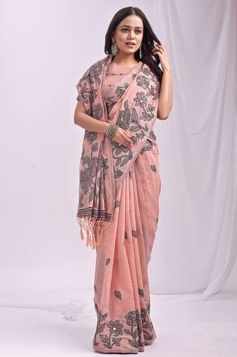 peach color embroidred linen cotton saree