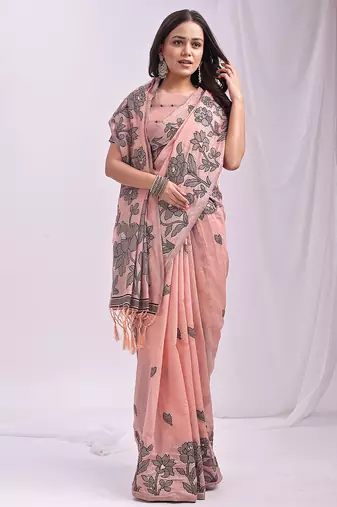 peach color embroidred linen cotton saree